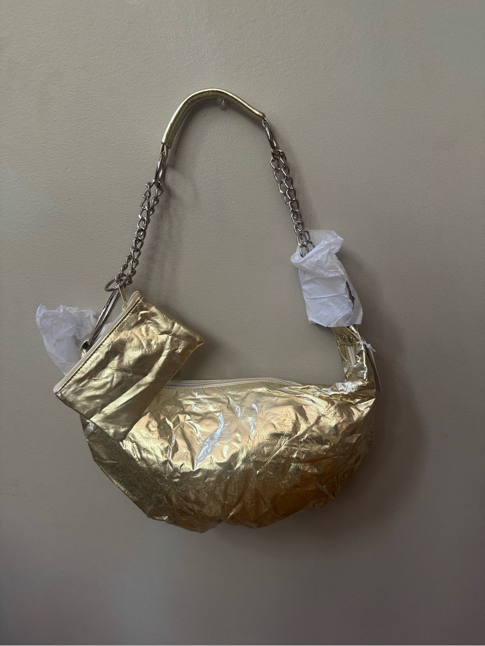 Gold Metallic Shoulder Bag with Chain Strap and Coin Pouc